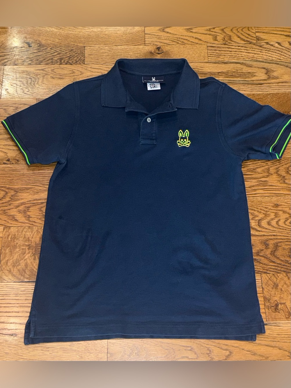 Psycho Bunny. Cleveland Chainstitch Pique polo. Navy/Green/Tie Dye Bunny. Small.